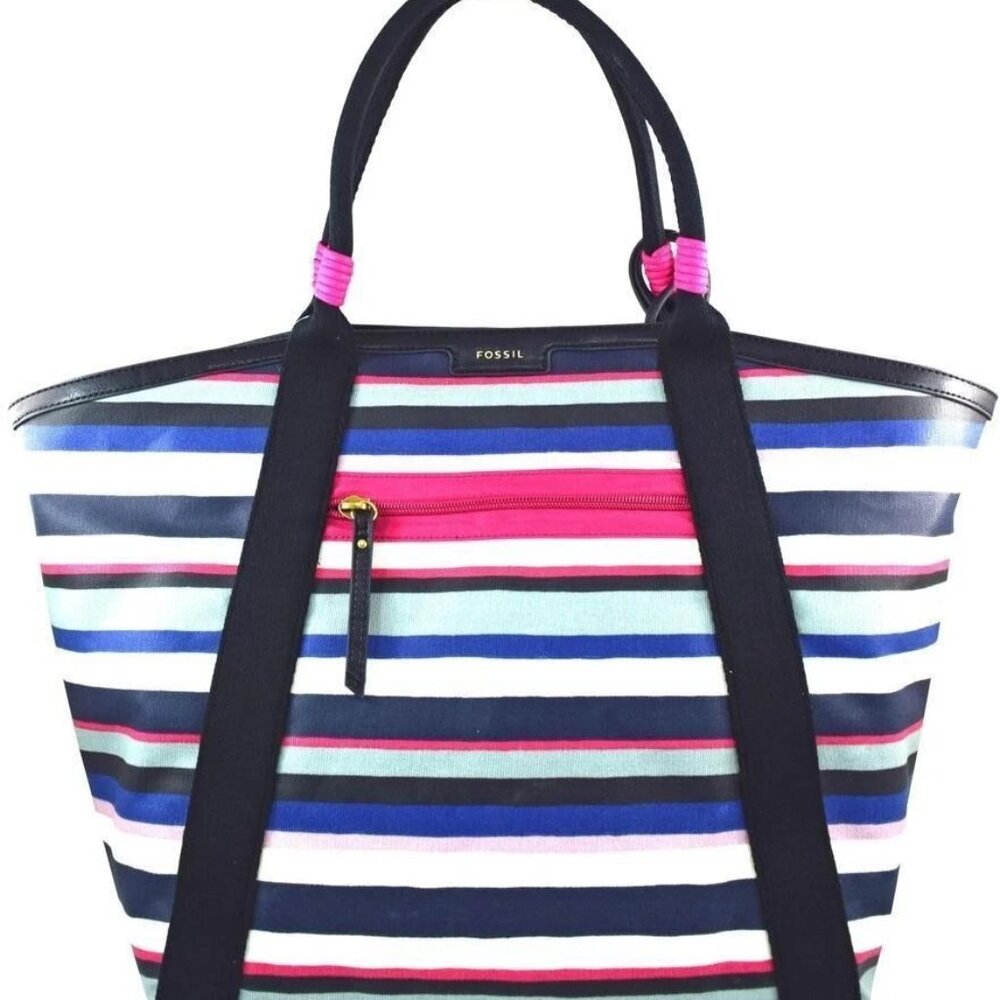 FOSSIL-Eliza Beach Tote-Bold Stripes-Coated Canvas-Separate Pouch-NEW WITH TAG